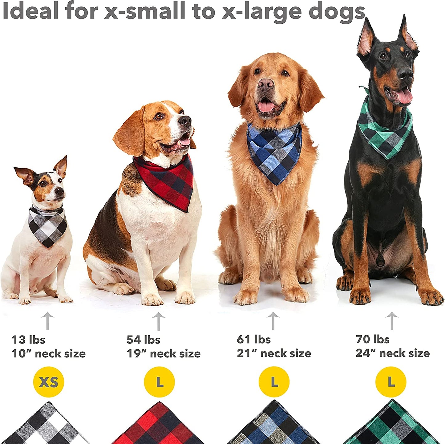 Dog Bandana 4 Pack - Dog Bandanas Boy, Girl, Premium Durable Soft Lightweight Fabric, Buffalo Plaid Scarf for Small Dogs, Cats Pets, Black and White, Red, Green, Blue, Small
