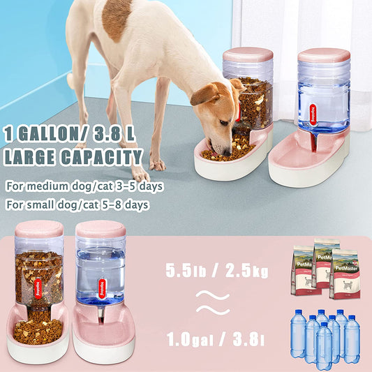 Pets Cats Dogs Automatic Waterer and Food Feeder 3.8 L with 1 Water Dispenser and 1 Pet Automatic Feeder (Light Pink)
